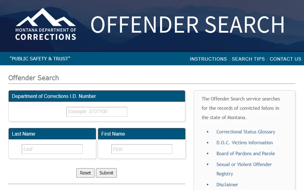 Montana Department of Corrections criminal offender search tool requiring DOC identification number and name.