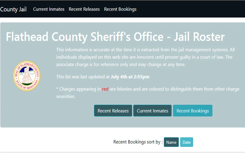 Flathead County Sheriff's Office Jail Roster lookup website of recent releases, current inmates, and recent bookings searched by name and date.
