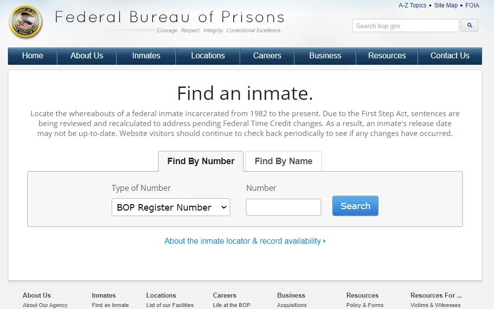 A screenshot of the federal prison inmate locator tool, which allows users to locate the whereabouts of a federal inmate incarcerated from 1982 to the present.