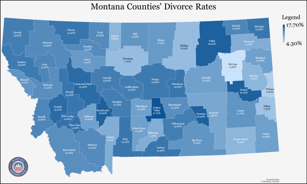 The divorce population rates of each County are shown on an outline map of Montana with its Counties based on Census Bureau forecasts year 2021.