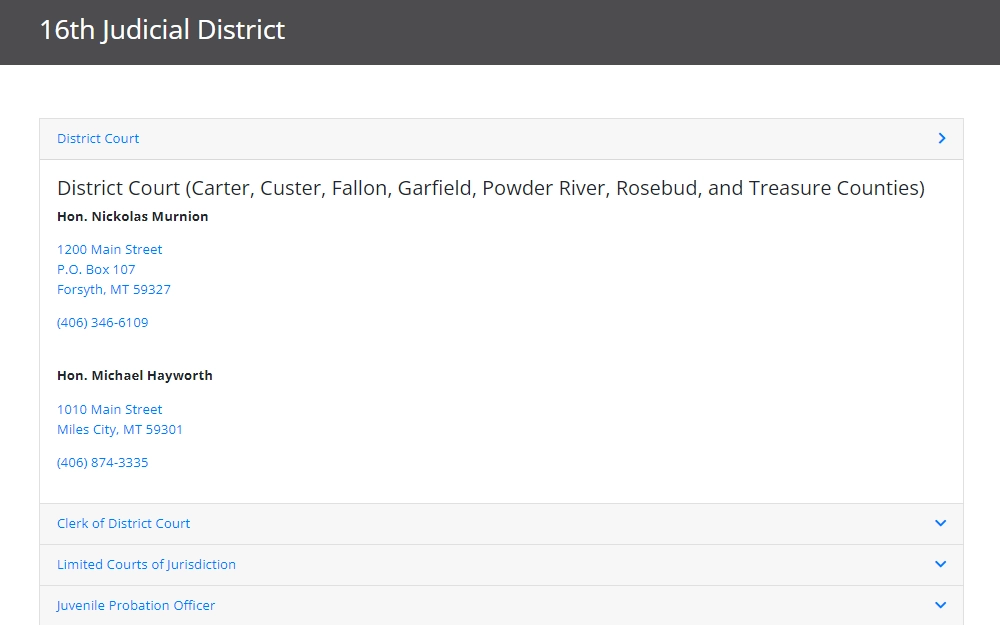 A screenshot of the court location details in Miles City from Montana Court locator tool, where the users can select a country or city from the drop-down to see a list of courts that reside in that Judicial district.