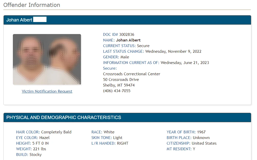 A screenshot of an inmate's information from the offender search tool that the public can access for free and requires either the last name or Montana Department of Corrections ID Number to make a query.