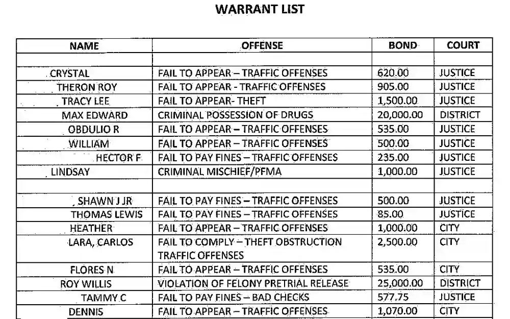 A screenshot of the warrant list which is updated often and gives information such as the name of the subject of the warrant, offense, bond amount and court that issued the warrant.