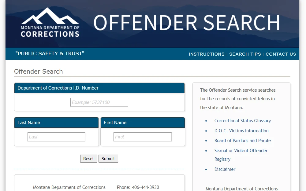 A screenshot of the probation and parole search tool, which allows users to search for the records of convicted felons in the state of Montana.