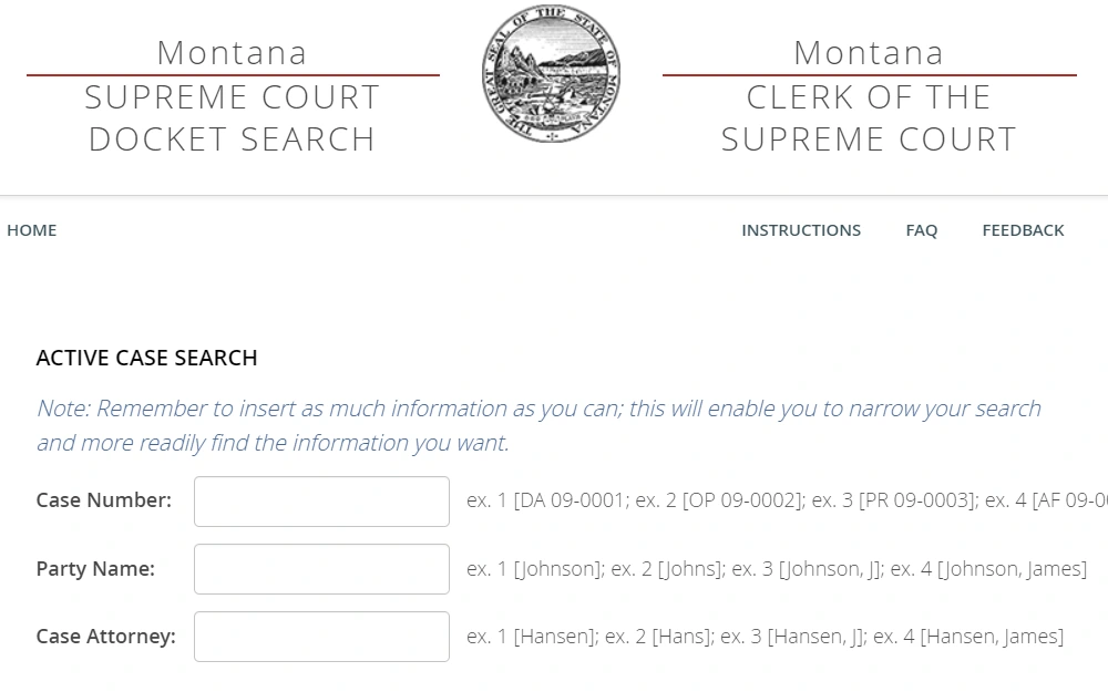 A screenshot of the Supreme Court public view docket search, where people can access court cases from the Montana Supreme Court from 2007 onwards.