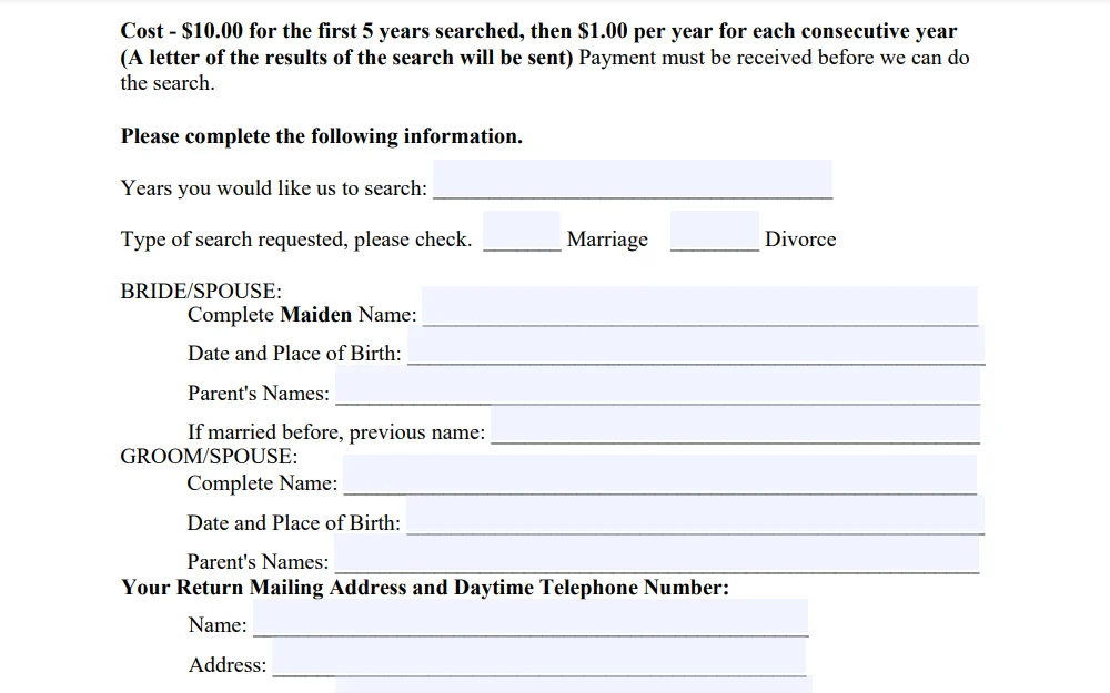A screenshot shows the application to search divorce databases from the Montana Department Of Health And Human Services website, which provides information such as years to search, select the type of search requested, and spouses' details.