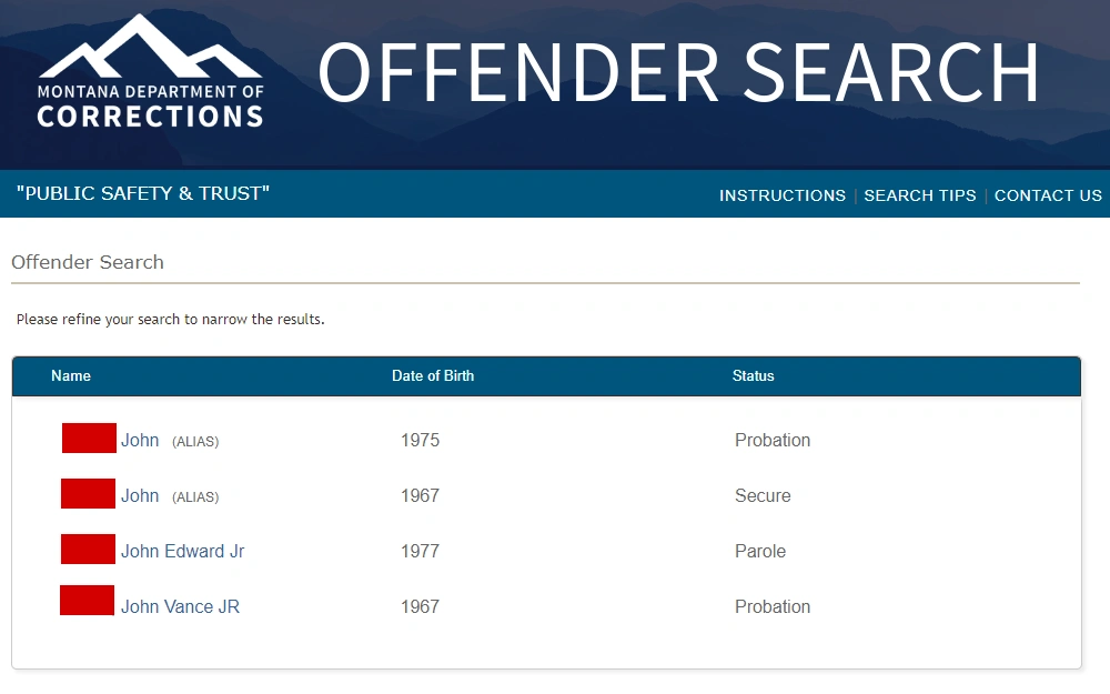 A screenshot of the offender search results from the Montana Department of Corrections website displays a list of the offenders with their full name, DOB and status.