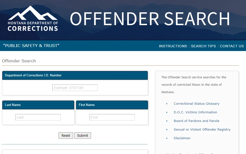 A screenshot of the Montana Department of Corrections' Offender Search page shows the two search options: DOC ID number and full name.