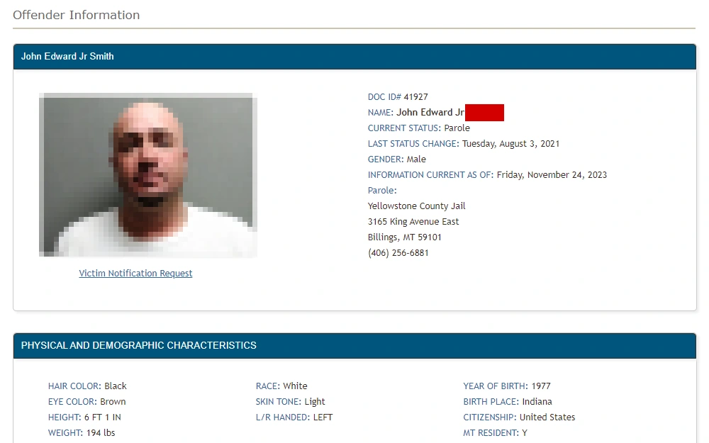 A screenshot of the offender information from the Montana Department of Corrections search results shows mugshots, DOC #, full name, current status, date the status changed, gender, parole facility and physical and demographic characteristics.