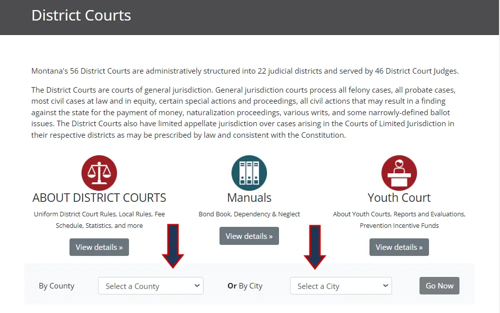 A screenshot from the Montana Judicial Branch Website shows that the search page to look for state district courts gives available search options such as county or city.