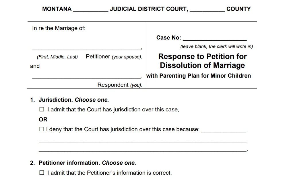 A screenshot displays the Montana Judicial District Court response to petition for dissolution of marriage form requires selection of jurisdiction and petitioner information.