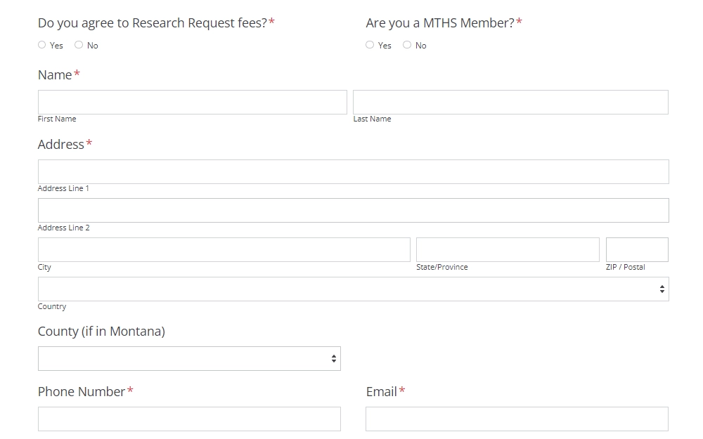 A screenshot of the research request page from the Montana Historical Society website requires to fill out the information needed for the request (required fields denoted by '*').