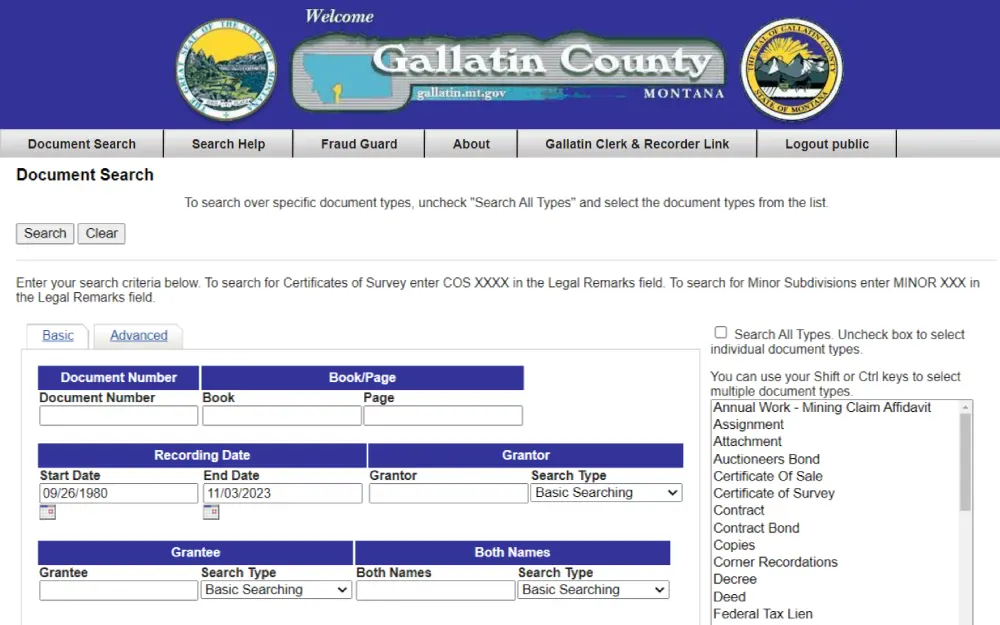A screenshot of the document search with search criteria such as both names or grantor and grantee search type, book, and page and document number, recording date from the Gallatin County Clerk & Recorder's Office website.