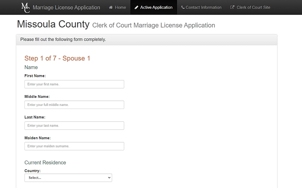 A screenshot of an online marriage license application form that requires to fill in some information such as first, middle, maiden and last name and country from the Missoula County Clerk of Court website.