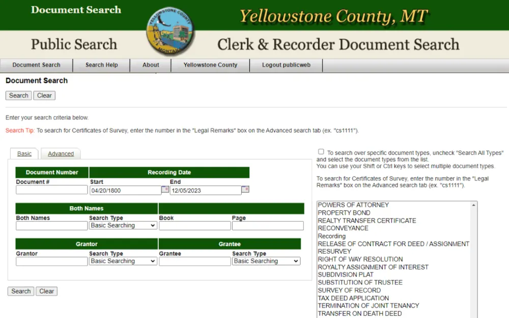 A screenshot of the Yellowstone County Clerk and Recorder’s Office website document search with search criteria such as document number, recording date, both names or grantor and grantee search type, book, and page.