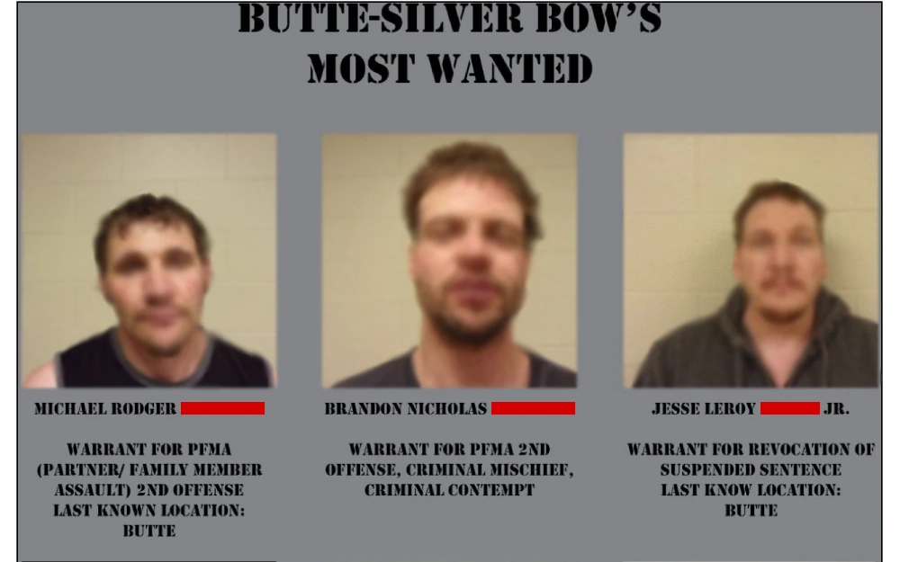 A screenshot from Butte City Court detailing three individuals with their names and alleged offenses, including assault and legal violations, each with a note of their last known location being the same city.