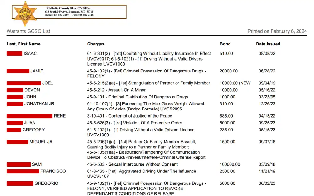 A screenshot from Gallatin County Sheriff's Office detailing a list of individuals with corresponding legal charges, bond amounts, and dates the documents were issued, as maintained by a county sheriff's office.