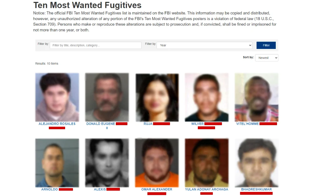A screenshot of a list of ten individuals, each with a photograph and name, presented as being sought by the Federal Bureau of Investigation on their official webpage.