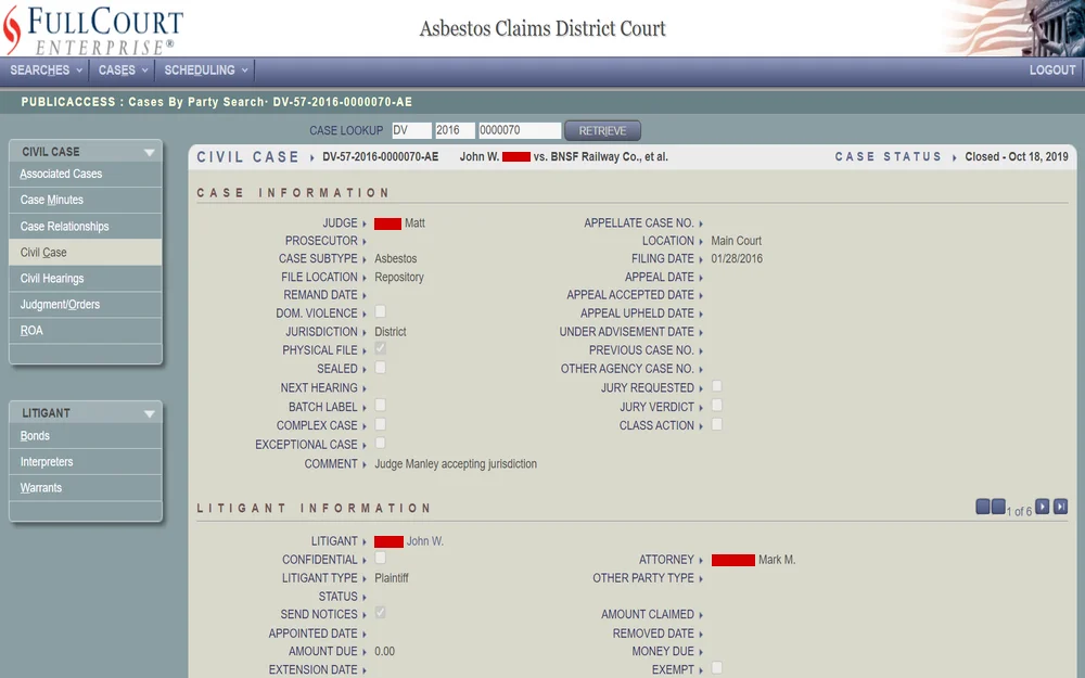 A screenshot from the Asbestos Claims District Court detailing a civil case's information, including case ID, involved parties, case type, and status, as well as litigant and attorney information, within a court's digital records.