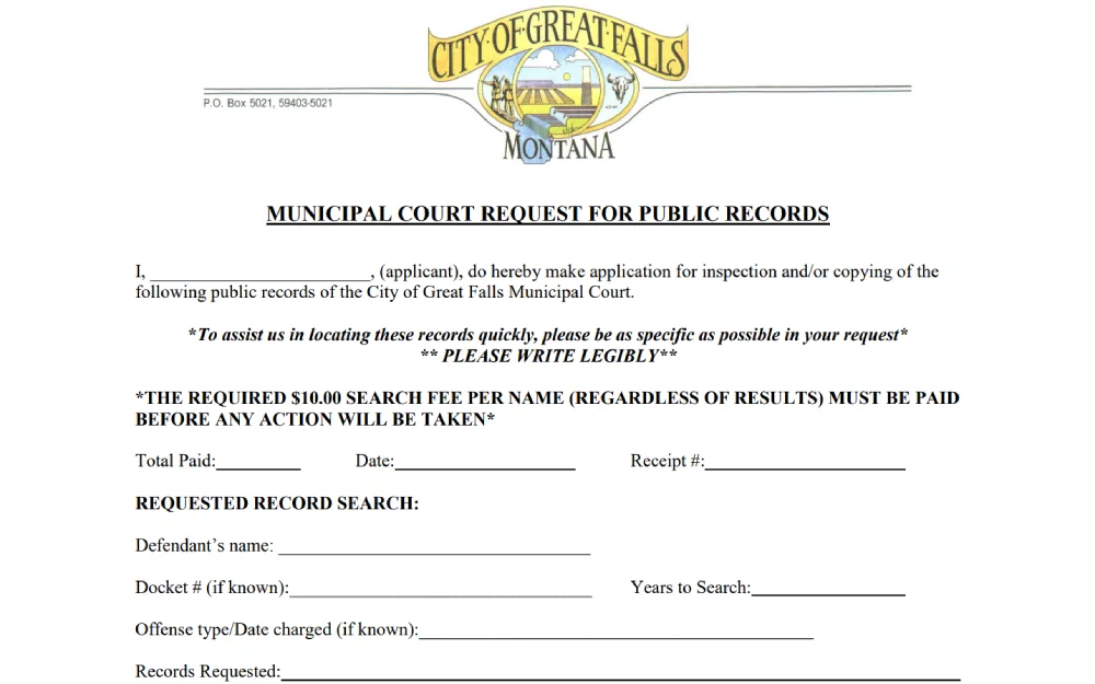 A screenshot from the City of Great Falls detailing sections for the applicant to fill in their information, the amount paid, and details about the specific public records they seek, including the defendant's name, docket number, and offense details.