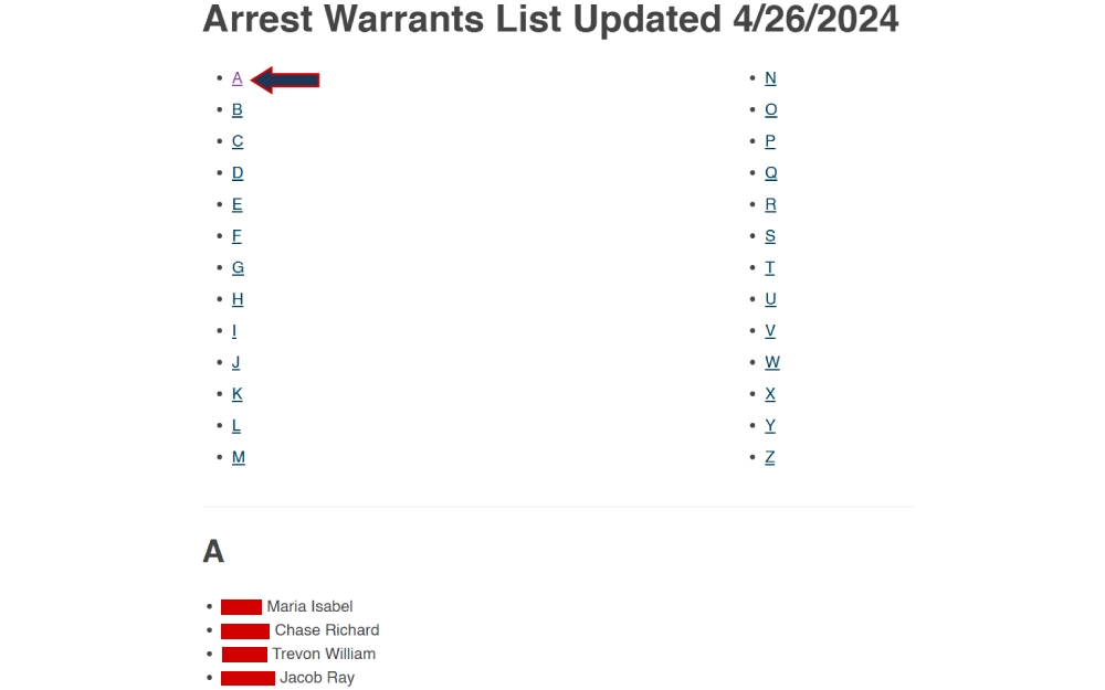 A screenshot shows a listing of alphabetically organized arrest warrants updated on April 26, 2024, starting with the letter "A" and showing individual names.