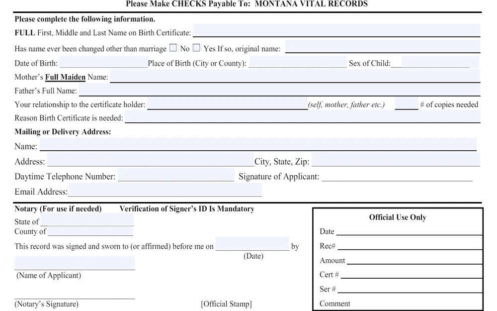 A screenshot displays an application form from the Montana Vital Records for a birth certificate, requesting detailed information such as full name, date and place of birth, parents' names, and reasons for needing the certificate, along with sections for notarization and official use.