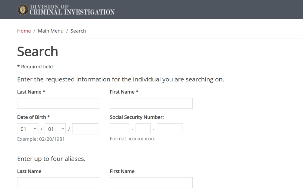 A screenshot displays an online search form from the Division of Criminal Investigation, where users can input the last name, first name, date of birth, and social security number of an individual to retrieve information with the entry of up to four aliases for the individual being searched.