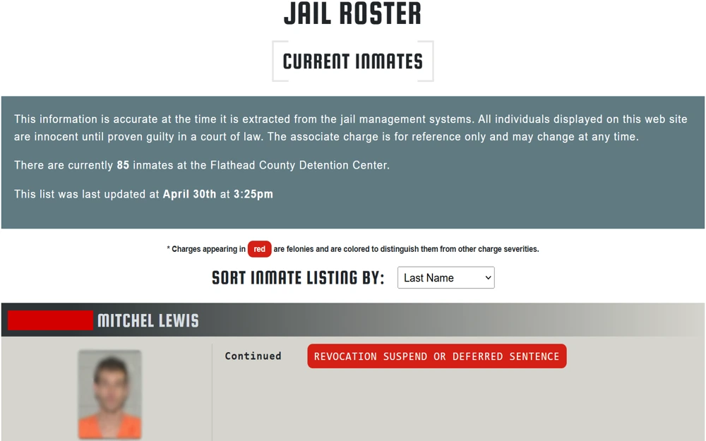 A screenshot displays a section from a jail roster, providing details about the current inmates at Flathead County Detention Center, including total count, last update time, and highlighting a specific inmate’s entry which includes his photo and charge status with colored indications for charge severity.