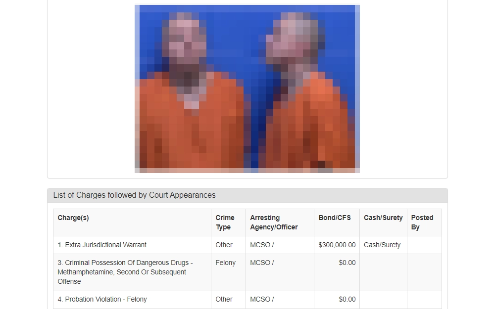 Screenshot of an offender's mugshot followed by the "charges" section which contains a table with the following details: charge, crime type, arresting agency or officer, and bond amounts from the Missoula County Inmate Information Portal.