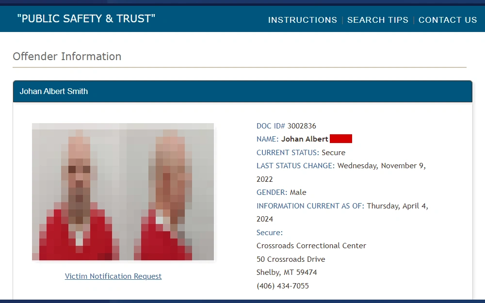 A screenshot of an offender's information taken from the database maintained by Montana Department of Corrections, displaying the first out of five available sections which contains the mugshot, name, DOC ID number, current status, last status change date, gender, and secure, with a link under the mugshot directing to the victim notification request