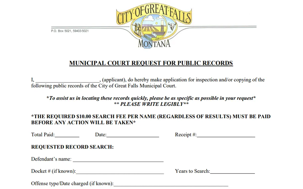 A screenshot of a municipal court request for public records from the Great Falls Municipal Court website, with details to be filled out such as name, amount, date, receipt number, defendant's name, docket number, years to search, offense type and date charged (if known).