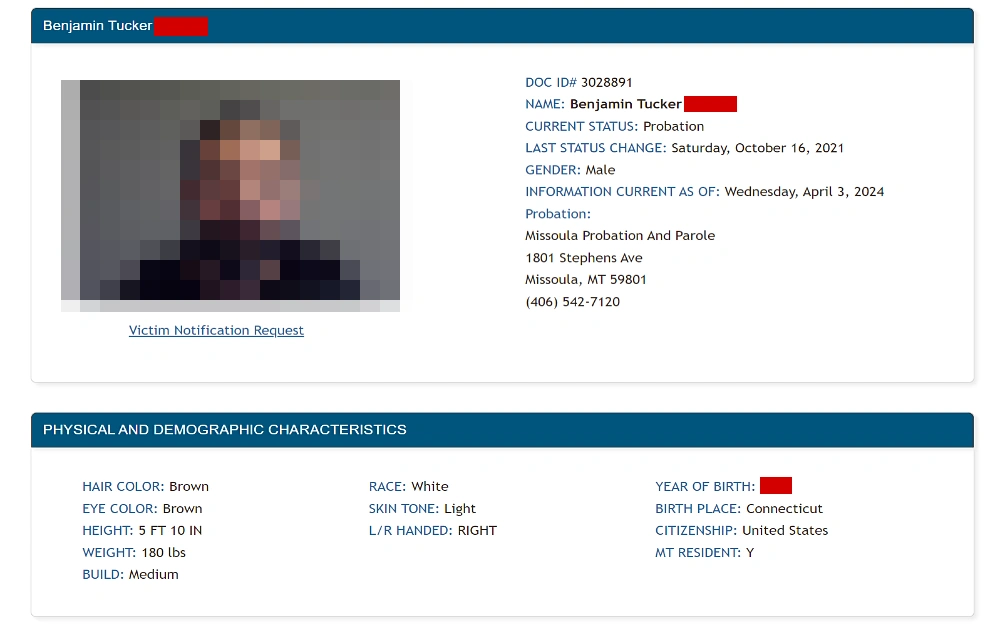 A screenshot of the offender's information displaying name, DOC ID number, current status, last status change date, gender, and physical and demographic characteristics such as hair and eye color, height, weight, year of birth, and more from the Montana Department of Corrections website.