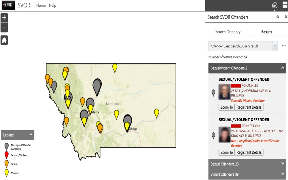 A screenshot displays a map with marked locations indicating the presence of offenders in Montana, categorized by offense type, such as multiple offenders in one location, sexual offenders, and violent offenders, with detailed offender information available on the sidebar.