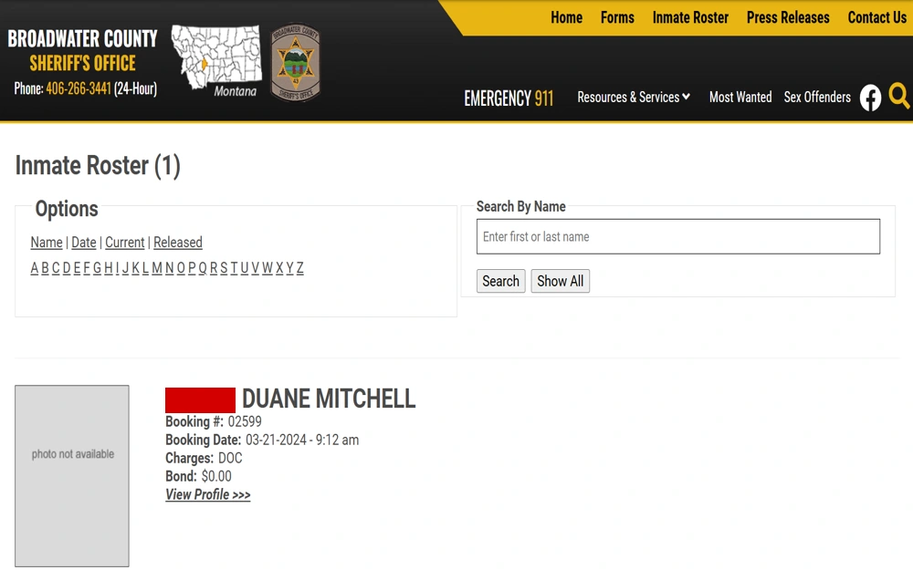 A screenshot shows the inmate roster of the Broadwater County Sheriff's Office website, displaying a single inmate's details such as booking number, booking date, and charges, along with options to search for other inmates by name or browse the alphabetical listings.
