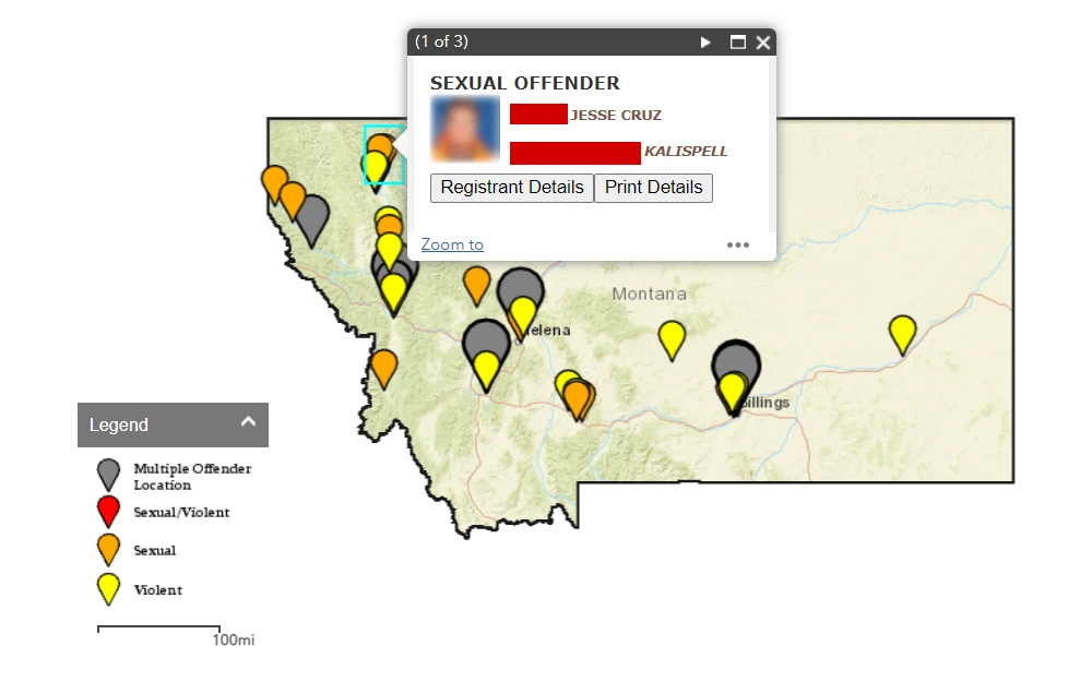 A screenshot of the sexual offender map displays information about offenders within a certain radius, including their photograph, name, address, and an option to view more details.